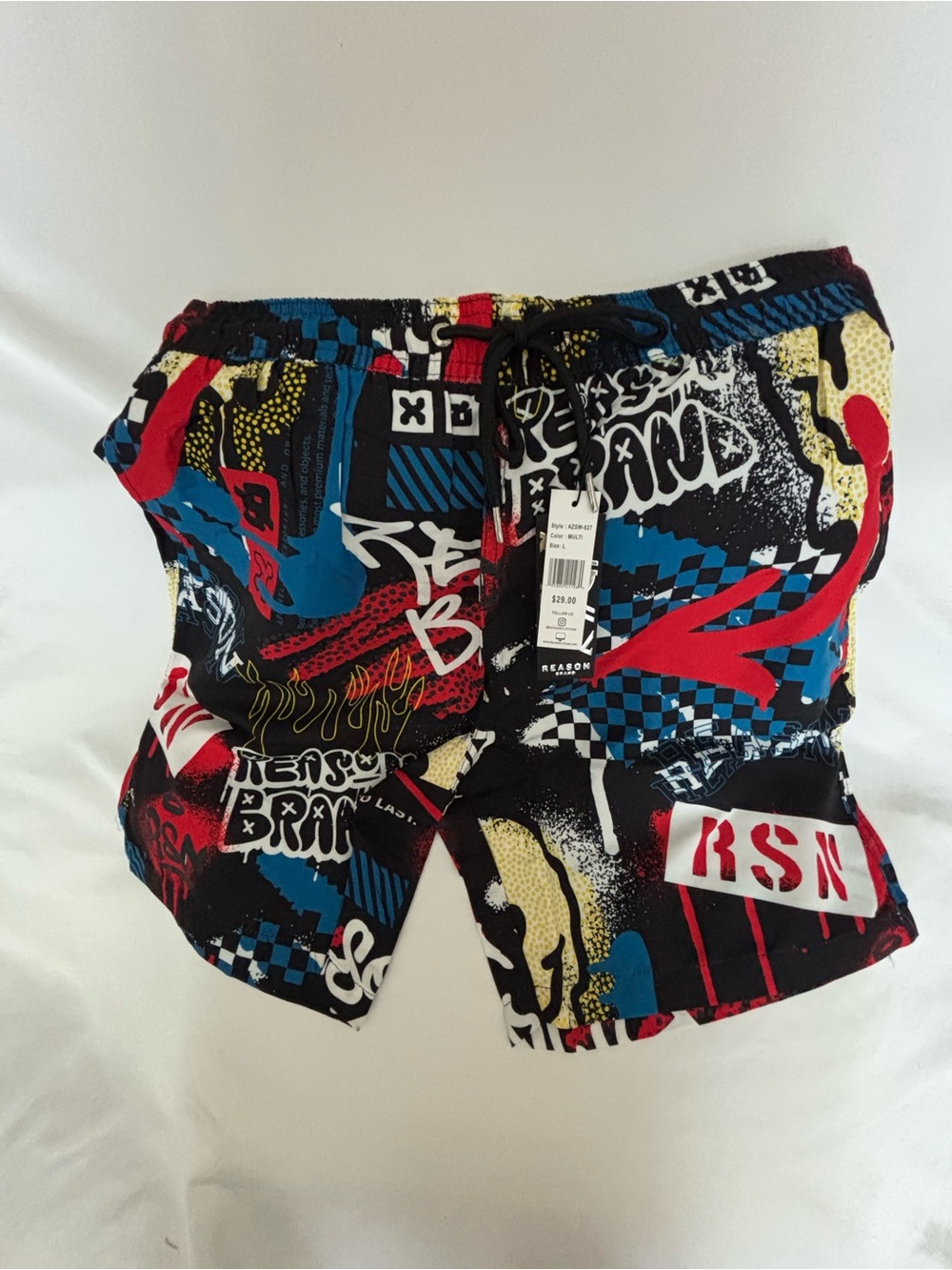 Reason Men’s Graphic Swim Shorts in Black, Red, Blue